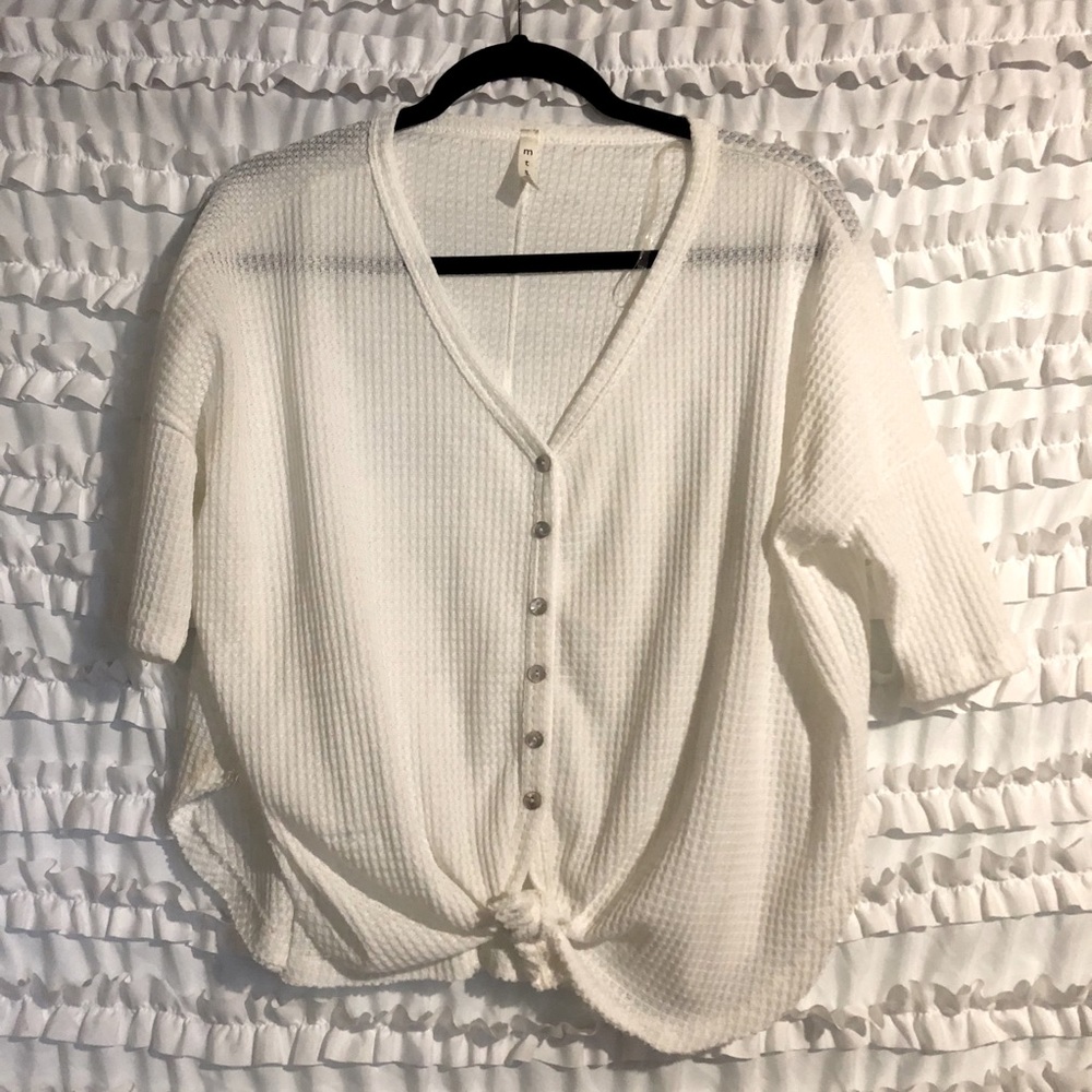 Waffle button up with tie bottom